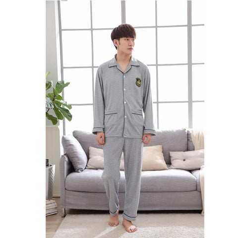 Men's Pajamas Spring and Autumn Cotton Long-sleeved Nightgown Casual Korean Sleepwear Leisure Wear For Male
