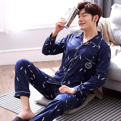 5 Colors Men Pyjamas Set Cotton Long-sleeved Korean Sleepwear Nightgown Homewear For Male