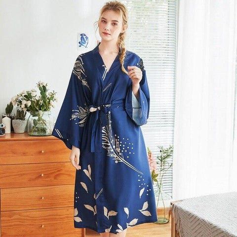 Spring Bride Wedding Robes Sexy Nightdress Satin Long Sleeve Robe Home Dress Loose Print Flower Nightgown Kimono Bathrobe Gown