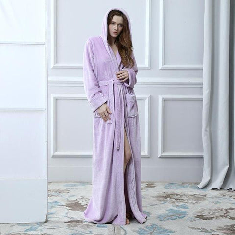 Winter Thick Full Length Yukata Gown Kimono Bathrobe Dress Fashion Warm Flannel Sleepwear Nightgown Loose Hooded Sleep Shirt XL