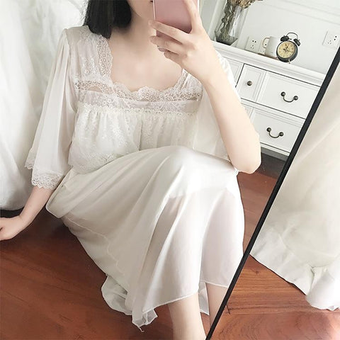 Women's Lolita Dress Mesh Princess Sleepshirts Vintage Palace Style Voile Lace Nightgowns.Victorian Nightdress Sleep Loungewear