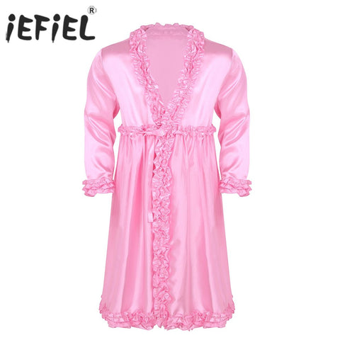 Mens Sissy Robes Silky Satin Dressing Gown Bathrobe Lingerie Long Sleeves Frilly Ruffle Edges Long Nightgown Men's Sleepwear