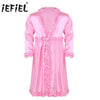 Mens Sissy Robes Silky Satin Dressing Gown Bathrobe Lingerie Long Sleeves Frilly Ruffle Edges Long Nightgown Men's Sleepwear