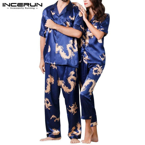 INCERUN 2019 Men Pajamas Set Chinese Style Print Silk Satin Short Sleeve Tops Long Pants Loose Men Nightgown Sleepwear Sets 5XL