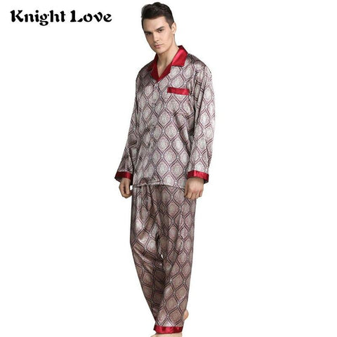 Mens Stain Silk Pajama Set Pajamas Men Sleepwear V-collar Cozy Soft Long Sleeve Nightgown Tops + Trousers Two Pieces Home Male