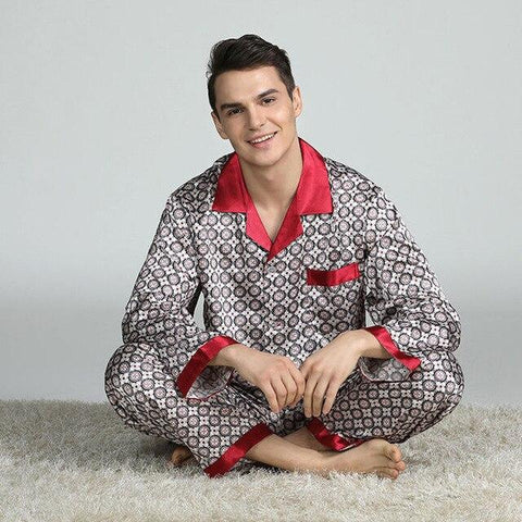 Mens Stain Silk Pajama Set Pajamas Men Sleepwear V-collar Cozy Soft Long Sleeve Nightgown Tops + Trousers Two Pieces Home Male