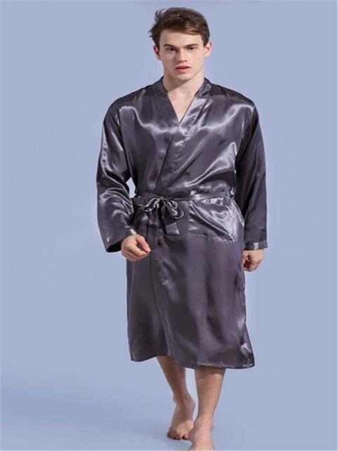 New Black Men's Satin Rayon Robe Gown Solid Color Kimono Bath Gown Lounge Casual Male Nightgown Sleepwear Home Wear S M L XL XXL