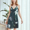 Sexy Lingerie Lace Vintage Crane Print  Women Sleeveless Faux Silk Nightgowns Satin Sleepwear Nightdress Nightwear Nightshirt #W