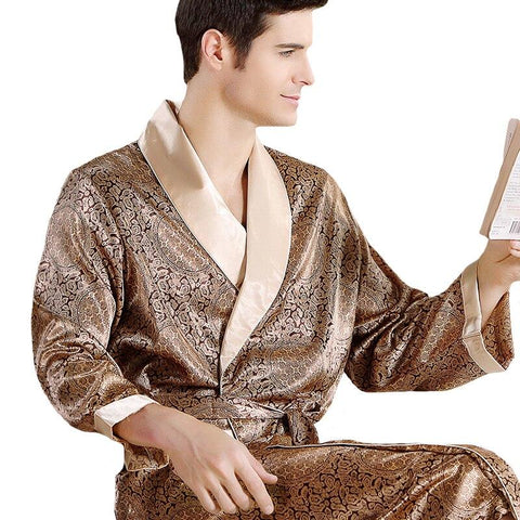 Plus Size Robe L-XXXL Men Kimono Bathrobe Luxury Nightgown Silky Satin Home Dressing Gown Long Sleeve Print Male Sleepwear