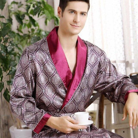 Plus Size Robe L-XXXL Men Kimono Bathrobe Luxury Nightgown Silky Satin Home Dressing Gown Long Sleeve Print Male Sleepwear