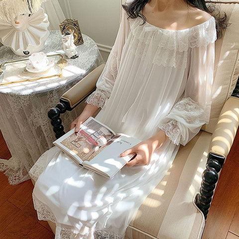UNIKIWI Women's Lolita Princess Mesh Sleepshirts Vintage Large Collar Lace Mesh Nightgowns.Victorian Nightdress Sleep Loungewear