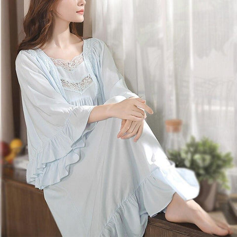 Women Solid White Pink Blue Color Cotton Lace Elegant Nightgowns Nightdress Sleepwear Lolita Summer Palace Style Vintage Dress