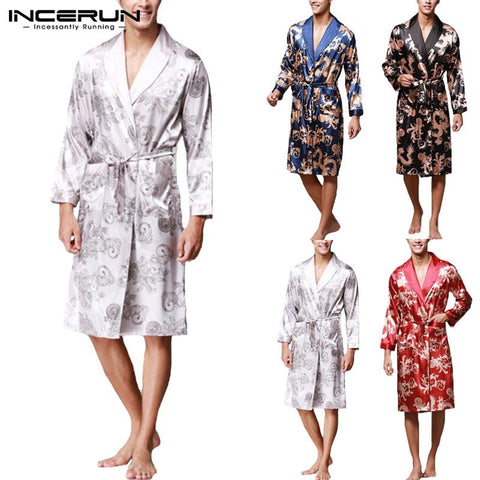 INCERUN 2019 Men Bathrobe Pajamas Faux Silk Robes Nightgown Long Sleeve Chinese Dragon Print Sleepwear Comfy Kimono Men Homewear