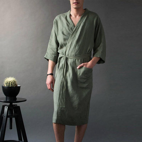 Linen Men's V-neck Long Solid Pajamas Robes Wrist Sleeve Simple Lace Up Male Robe 2019 Vintage Men Bathrobe Homme Nightgown