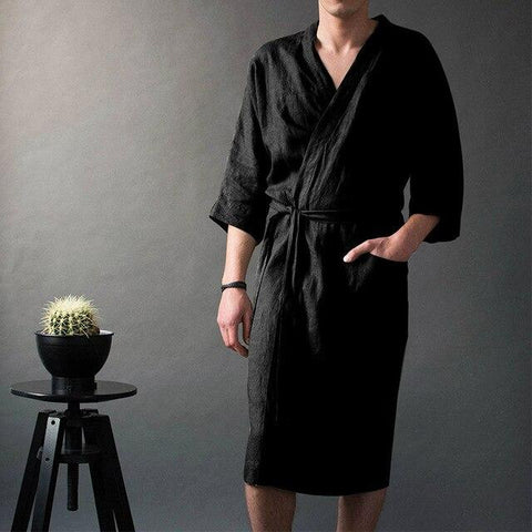Linen Men's V-neck Long Solid Pajamas Robes Wrist Sleeve Simple Lace Up Male Robe 2019 Vintage Men Bathrobe Homme Nightgown