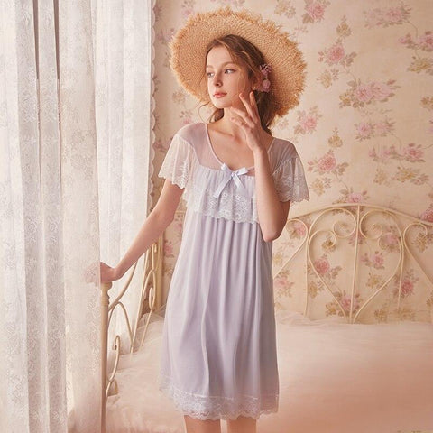 Free Shipping 2019 New Summer Princess Style Women's Vintage Short Nightgown White Pink Purple Sleepwear Lace Sweet  Pijamas
