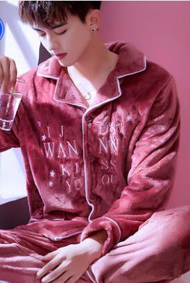 Male Pajamas Men Warm Thickened Sleepwear Suit Long Sleeve Coral Fleece Flannel Leisure Autumn Winter Nightgown Household H5633