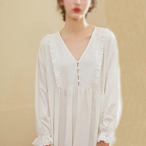 Women White Cotton Elegant Princess Nightgown V Neck Nightdress Vintage Sleepwear Lolita Long Sleeve Maternity Pregnant Dress