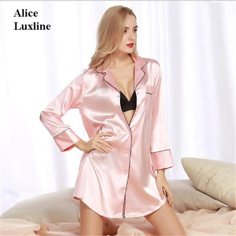 2018 Spring Sexy Women Silk Satin Shirt Dress Sleepshirts ladies Solid Down Collar Long Sleeve Nightwear Vintage nightgown AU CA