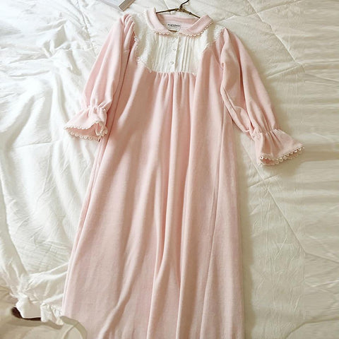 Women's Lolita Princess Sleepshirts Vintage Palace Style Dress Lace Velvet Nightgowns.Autumn Winter Nightdress Lounge Sleepwear