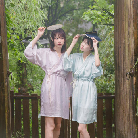 Sleeping Rabbit Embroidery Chinese Style Rayon Long Sleeve Sleep Dress Nightgown Vintage Violet & Green
