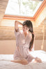 Sleeping Rabbit Embroidery Chinese Style Rayon Long Sleeve Sleep Dress Nightgown Vintage Violet & Green
