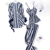 3pcs Sleep Lounge Pajama Set Sexy Faux Silk Satin Sleepwear Women Stripe Nightgown Kimono Ladies Bathrobe Long Pants Home Wear