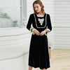 Vintage Navy Blue Velvet Nightgown Women Autumn Winter Sleepwear Elegant Embroidery U-Neck High Waist Home Wear Night Dress T373