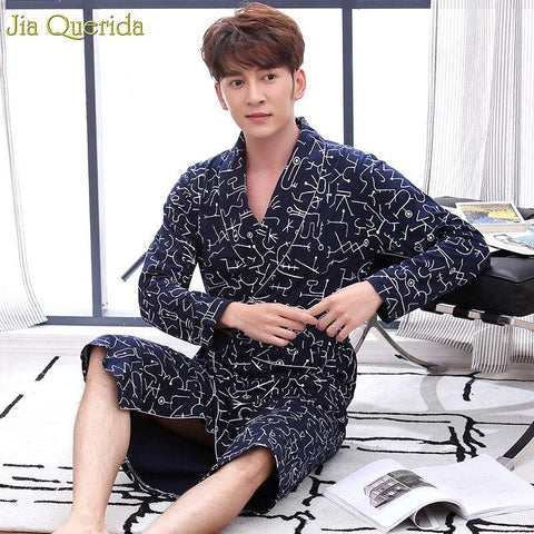 100% Cotton Bathrobe Long Sleeves Dressing Gown Men Lapel Belted Printing Bath Robe Japanese Kimono Men Nightgown Bathrobes Male