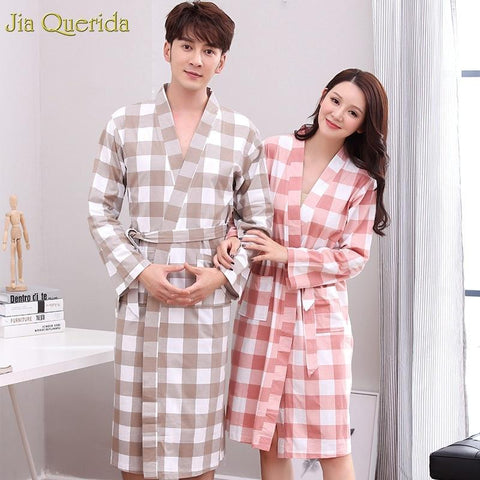 Men Kimono Long Sleeve Nightgown 100% Cotton Plaid Couple Matching Home Bath Robe Japanese Kimono Men and Women Match Bathrobe