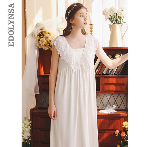 2019 Elegant Summer Cotton Sleepwear Vintage Shawl Neck Sleeveless Women Home Wear Night Dress Lingerie Bathrobe Female T469