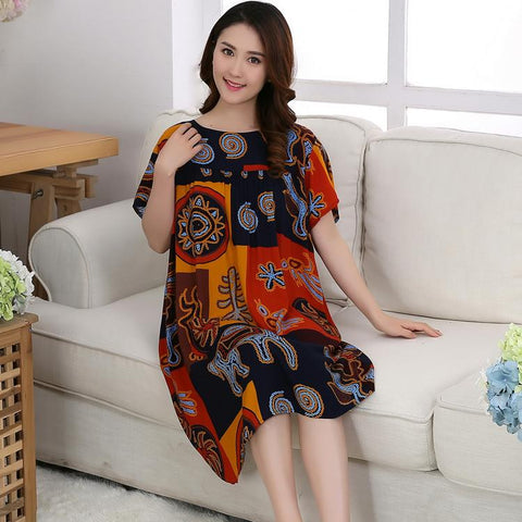 Summer Short Sleeve O-Neck Vintage Floral Graphic Print Loose Sleep Women Gown Cotton Night Home Dress Casual Sleepshirt Korean