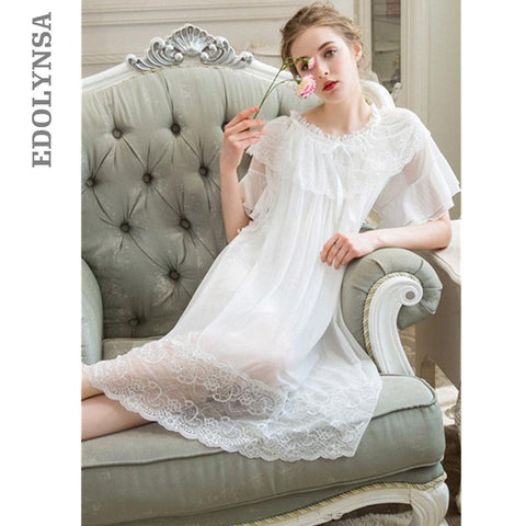 Vintage Court Style Sleep Lounge Ruffle Bow Light Purple Night Gown Summer Autumn Sleepwear Nightshirt Cute Indoor Clothes T160