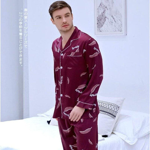 Men's New Style Sleepwear with Long Sleeves Ice Silk Satin Suit Youth Leisure Nightgown Plus Size All Seasons Home Clothes J021