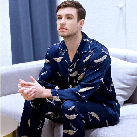 Men's New Style Sleepwear with Long Sleeves Ice Silk Satin Suit Youth Leisure Nightgown Plus Size All Seasons Home Clothes J021