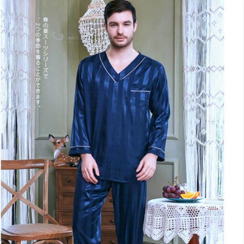 Men's Sleepwear All Season Homewear Long Sleeve Night Suits Adult Ice Silk Nightgowns 2pcs Sets Large Size Nightwear J005