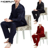 INCERUN Men Pajamas Set Silk Satin Soft Long Sleeve Sleepwear Suit Solid Color Homewear Comfortable Leisure Nightgown Set 2019