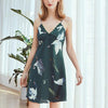 Sexy Lingerie Lace Vintage Crane Print  Sleepwear Women Sleeveless Faux Silk Nightgowns Satin Nightdress Nightwear Nightshirt *B