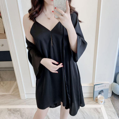 SAGACE COLORFUL  SOLID COLOR  Women Sexy Sleepwear Sling Satin Long Nightdress Lingerie Underwear  Sling + nightgown