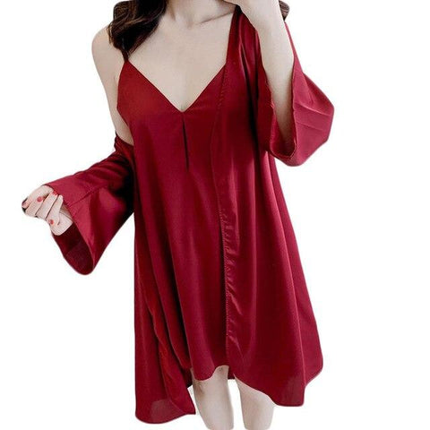 SAGACE COLORFUL  SOLID COLOR  Women Sexy Sleepwear Sling Satin Long Nightdress Lingerie Underwear  Sling + nightgown