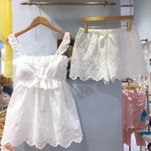Solid Lace Hollow Out Pajamas Pajama Set Woman Princess Homewear Set Sleep Skirt Vintage Bow Nightgowns Women Sleepwear Set