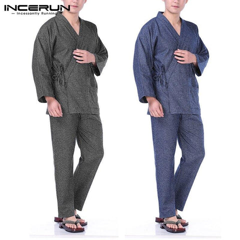 INCERUN Casual Men Pajamas Set Homewear Kimono Set Long Sleeve Leisure Men Sleepwear Pants Vintage Japanese Nightgown Plus Size