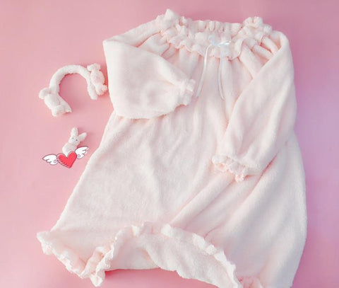 Japanese Magazine Style Kawaii Girls Lolita Soft Fleece Pink Sleep Dress Gown Vintage Princess One Shoulder Nightgowns