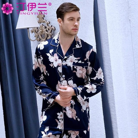 Men's New Large Size Silk Nightgown All Seasons Suit Long-sleeved Shirt+Trousers 2pcs Sleepwear Home Service Ice Silk 2019 J008