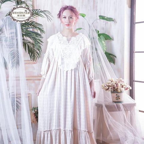 Free Shipping 2017 New Princess Style Women's Long Nightgown Pink and Grey Color Sleepwear Vintage Cotton Linen Lace Pijamas