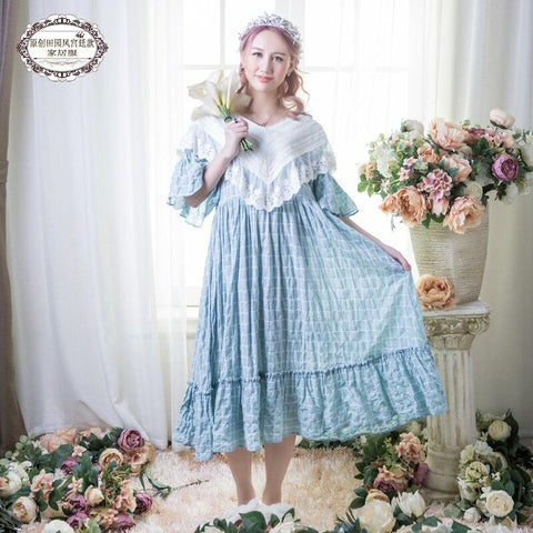 Free Shipping 2017 New Princess Style Women's Long Nightgown Pink and Green Color Sleepwear Vintage Cotton Linen Lace Pijamas