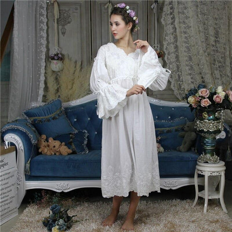 Womens' White Cotton Sleepwear Nightdress Pajamas Loungewear Vintage Nightgown Embroidery Victorian Flare Sleeve Long Dress Robe