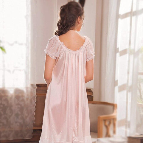 Women Girl Pink Elegant Princess Nightgown Nightdress Vintage Sleepwear Lolita Summer Home Short Sleeve Maternity Pregnant Dress