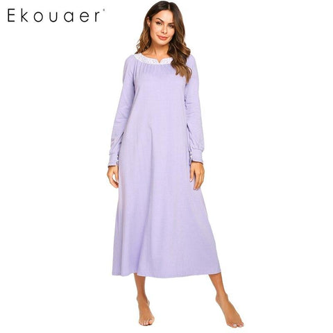 Ekouaer Long Vintage Nightgowns Women Sleepwear Dress Casual Long Sleeve V Neck Lace Patchwork Solid Loose Nightgown Plus Size