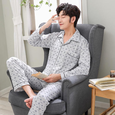 2pcs/set Men Pyjamas Suit Man Korean Sleepwear Long Sleeve Male Nightgown Homewear